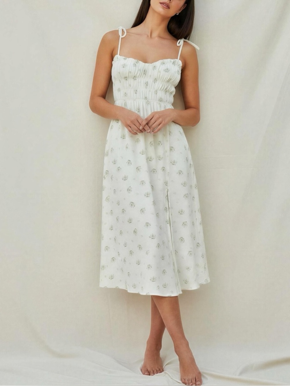 Sleeveless White Floral Midi Dress with Tie Straps